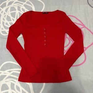 SHEIN Red Button Front Long Sleeve Henley Top